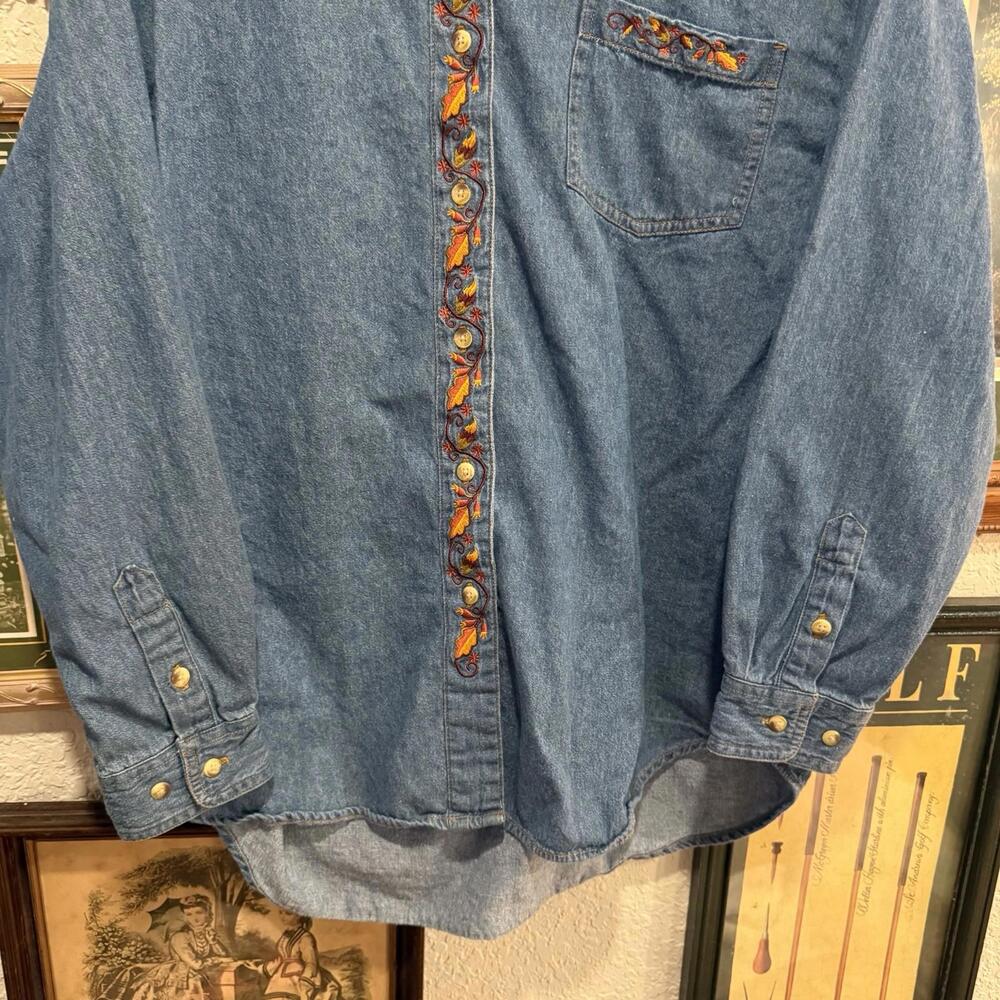 Vintage 90s Style Studio Denim Chambray Fall Pumpkin Autumn Shirt Size Large - Picture 4 of 7